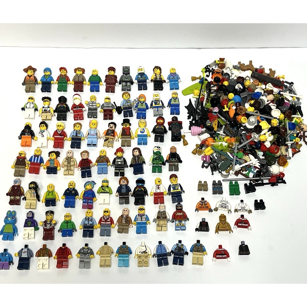 Huge Lego Minifigure Lot Santa Race Car Drivers, Police Weapons, Accessories